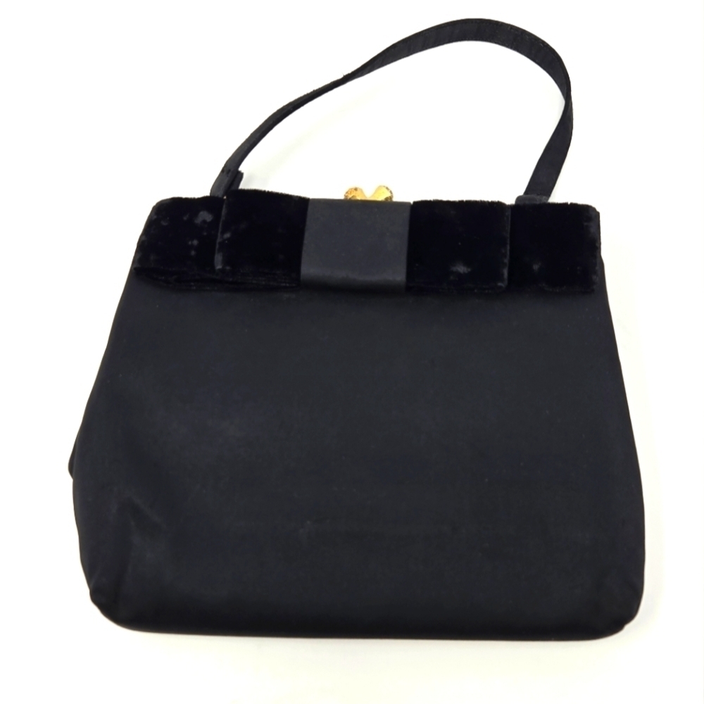 VINTAGE INGBER BLACK SATIN & VELVET MINI EVENING BAG TOP HANDLE PURSE WOMEN BOW